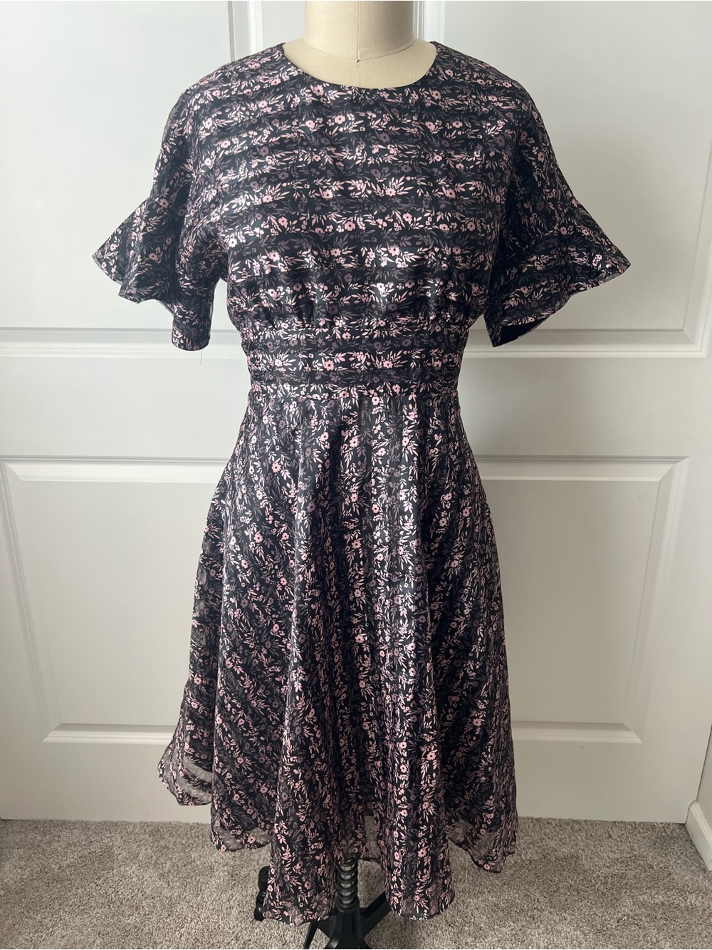New Jill Stuart Black and Pink Floral Fit-and-Flare Dress